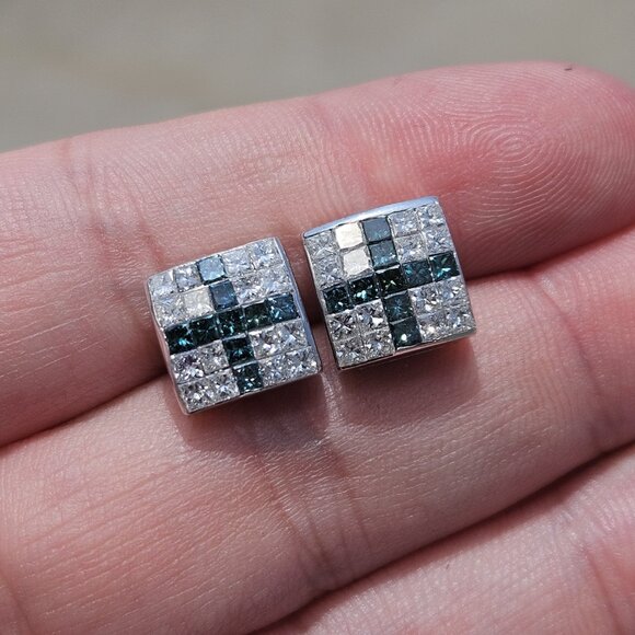 14K White Gold Blue Diamond Cross Princess Stud Earrings 1.50TCW 4.13 Grams - Picture 3 of 16